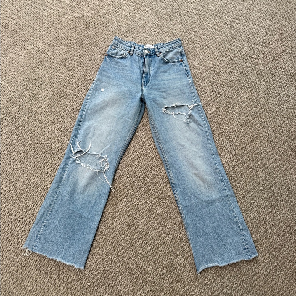 Zara High Rise Light Blue Distressed Jeans